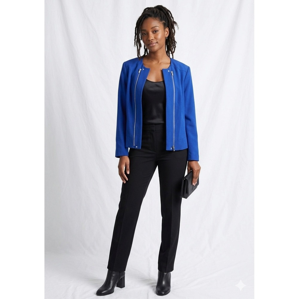 Calvin Klein Blazer Women 18W Blue Excellent Zip Detail Collarless Jacket